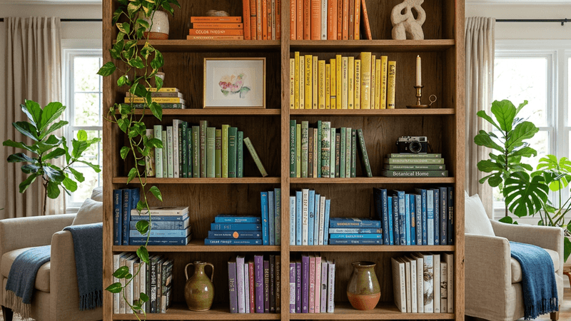 Styled bookshelf with books, art objects, and small plants